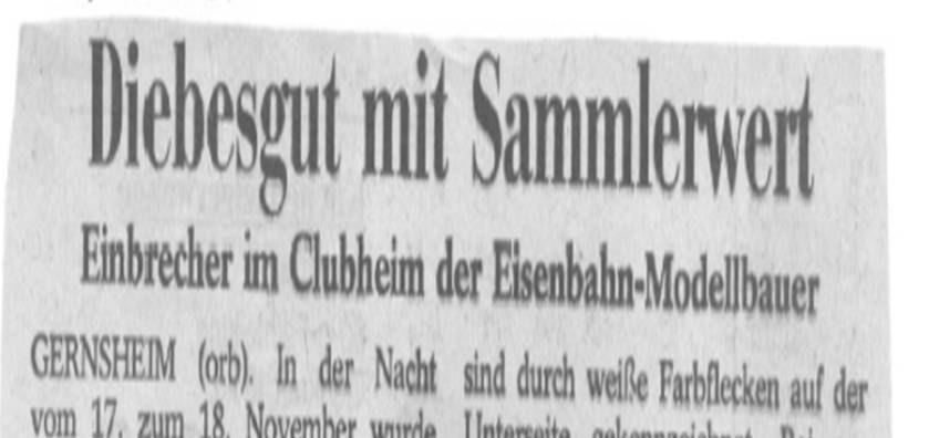 Zeitungsartikel zum Einbruch in die Vereinsräume