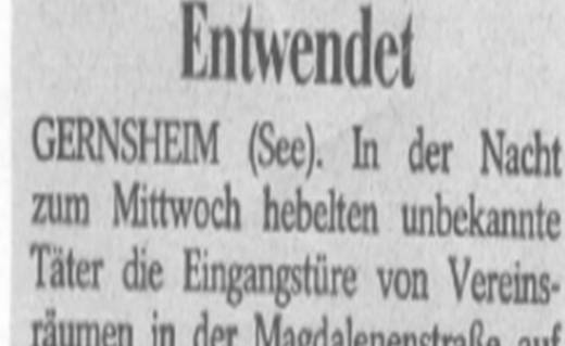 Zeitungsartikel zum Einbruch in die Vereinsräume