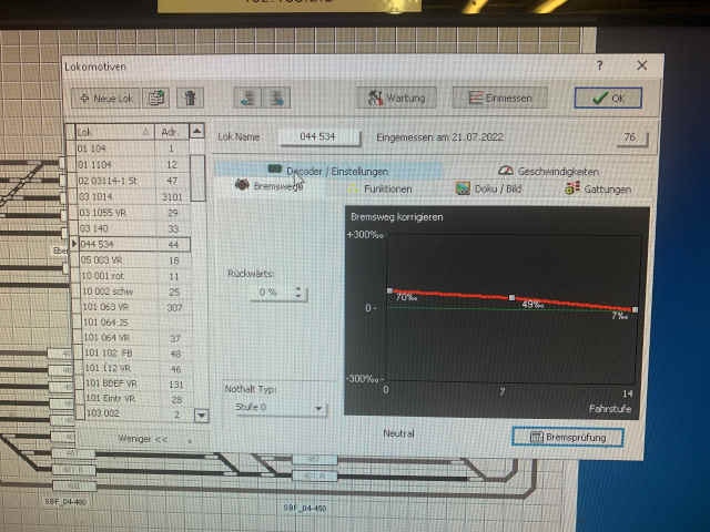Screenshot der Bremswegkorrektur der Baureihe 044 534